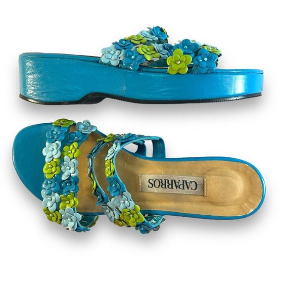 VINTAGE CAPARROS Turquoise Lime Floral and Bead Slide Platform Sandals SZ 6.5 - Picture 9 of 12